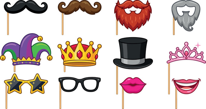 Photo Booth Prop Vector Set Featuring Mustache Beard Jester Hat Crown Top Hat Tiara Glasses and Lips Accessories for Party and Celebration Designs