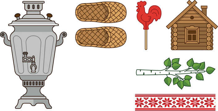 Russian Culture and Folklore Icon Set Featuring Samovar, Bast Shoes, Rooster Lollipop, Wooden Hut Izba, Birch Branch, and Traditional Embroidery Pattern