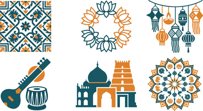 Indian culture icons flat vector celebrating traditional heritage landmarks and music