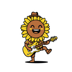 Naklejka premium Happy Sunflower Character Playing Electric Guitar.