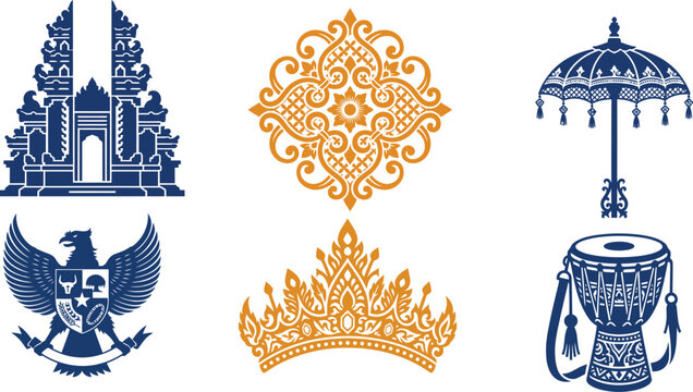 Indonesian culture icons flat vector illustration with traditional Garuda temple and heritage symbols