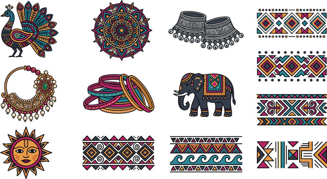 Traditional Indian Culture and Ethnic Ornament Set Featuring Peacock Mandala Elephant Jhumka Earrings Bangles Nose Ring Sun Face and Border Patterns Vector Illustration