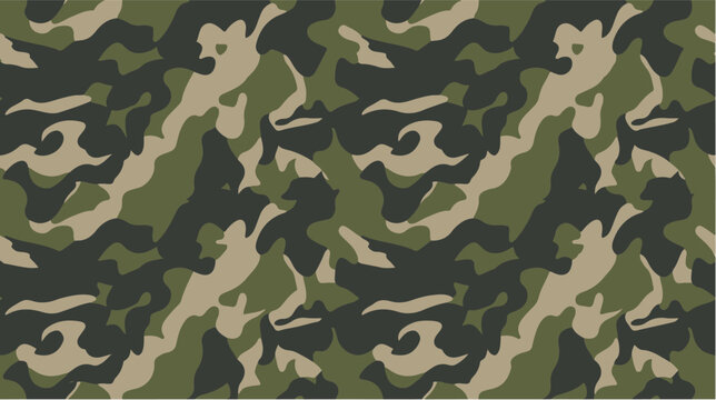 Seamless military camouflage pattern background in green, brown, beige, and black tones. Classic army-style texture suitable for uniforms, tactical designs, textiles, wrapping paper, wallpapers, and o