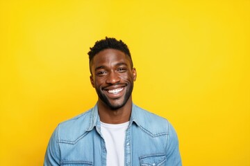 Fototapeta premium The Smiling Man in a Denim Jacket Against a Bright Yellow Background