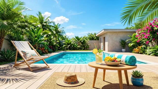 Tropical poolside setup with lounge chair, fresh lemonade and fruit bowl on wooden table. Relaxing summer vacation scene in lush garden with palm trees and blue swimming pool