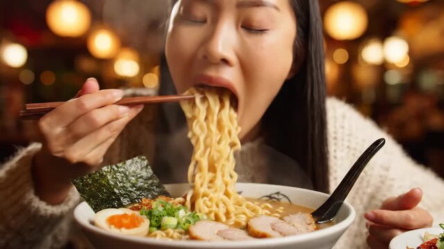 Joyful Experience of Eating Ramen with Chopsticks Steaming Bowl of Noodles, Broth, and Toppings Creates Warm Atmosphere