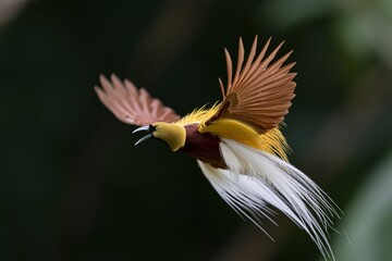 Obraz premium The Bird of Paradise in Flight with Vibrant Yellow Brown and White Plumage