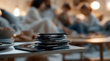 Fototapeta premium Stack of smartphones on a table while family spends time together in the background. Concept of digital detox, screen free evening, family connection, and healthy media habits