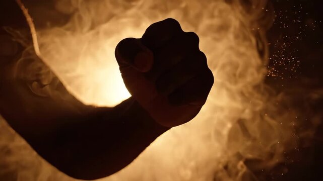 Fist of Strength and Determination Powerful Silhouette Emerges from Smoke, Highlighting Intensity and Gesture of Power