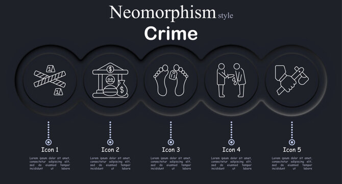 Crime set icon. Neomorphic dark interface with circular buttons displaying barrier tape, bank robbery scene, chained feet, handshake exchange, hand with knife, thin outline style