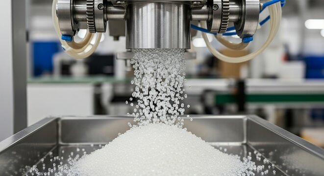 Industrial production line pours plastic granules into tray