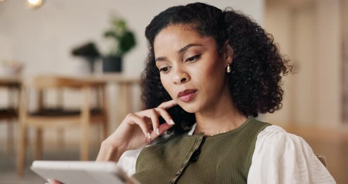 Tablet, frustrated and woman in home with internet issue, connection problem and network delay. House, upset and African person on digital tech for notification, loading website and slow download
