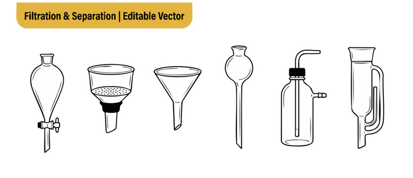Laboratory glassware filtration separation vector icon set featuring scientific chemical equipment like separatory funnel, Buchner funnel, and Soxhlet extractor for chemistry research design layouts.