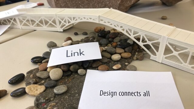 Creative bridge model over pebbles with labels emphasizing design connection and unity in visual communication and aesthetics