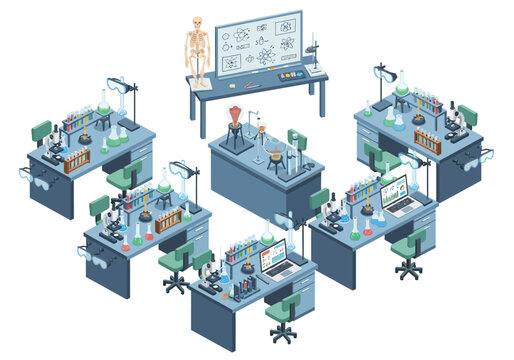 Isometric illustration of a scientific laboratory with five desks a skeleton and chemical equipment