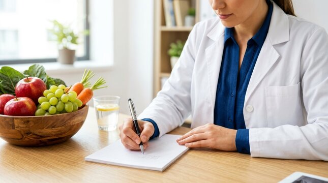 Female nutritionist or doctor in lab coat writing a diet plan with fresh fruits and vegetables on the table