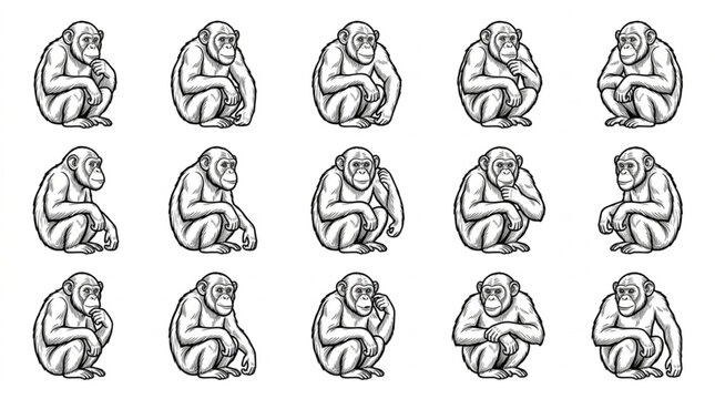 Collection of Hand Drawn Chimpanzee Poses.