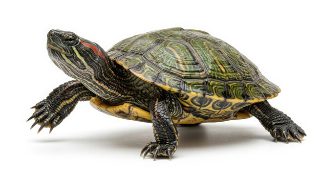 Red-eared slider turtle with green patterned shell walking on a plain generated using ai