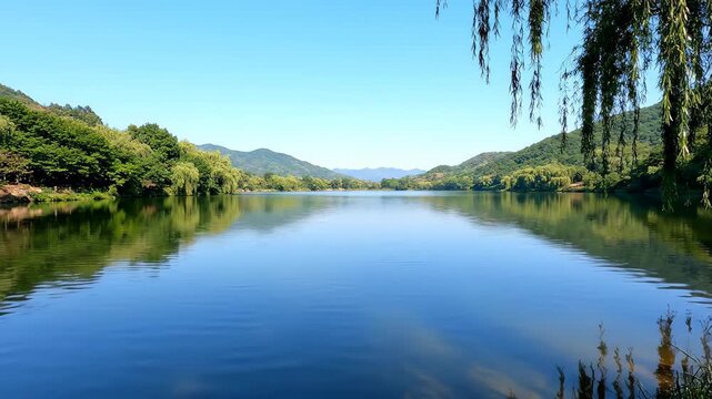 The natural scenery of the lake where mountains and rivers coexist, and the beautiful scenery of the lake and mountains reflecting the scenery