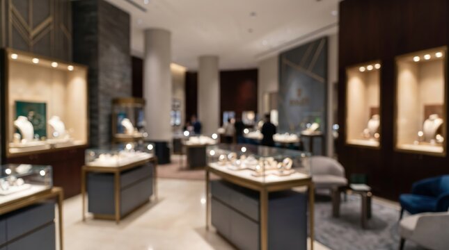 Luxury jewelry store interior blurred background boutique watch shop display cases elegant retail environment high end fashion accessories