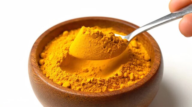 Use a spoon to scoop the yellow powder in the bowl and scoop the turmeric powder