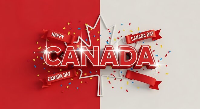 Happy canada day july 1st celebration with maple leaf confetti
