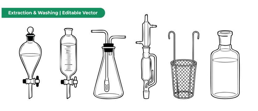 Chemistry glassware laboratory equipment vector set for chemical extraction and washing processes, featuring separatory funnel, dropper, flask, and Soxhlet extractor icon isolated on white background.