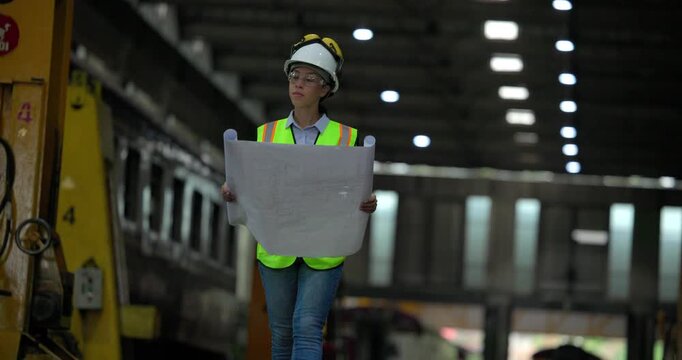 Railway engineer studies blueprints and inspect locomotives in a train maintenance depot, wearing safety helmets and reflective vests in an industrial workshop.
