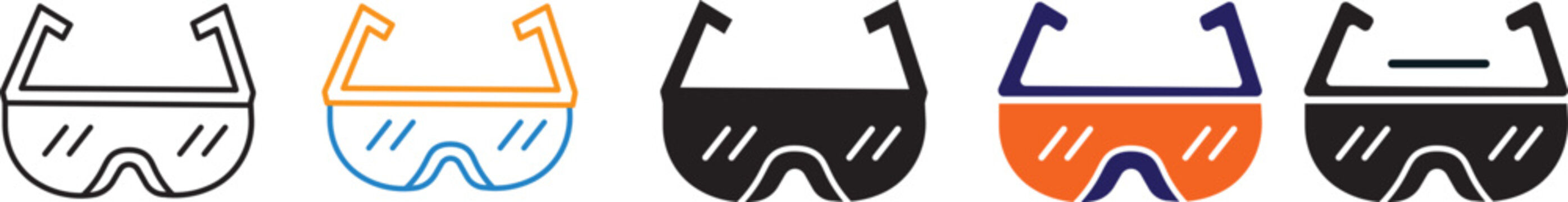 Modern safety glasses icons, perfectly structured for laboratory hazard warnings and eye protection security graphics, containing clean flat vector illustration