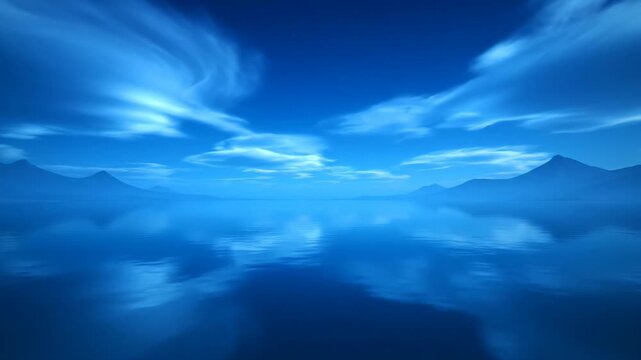 Blue sky landscape reflection, blue sea of clouds flowing background