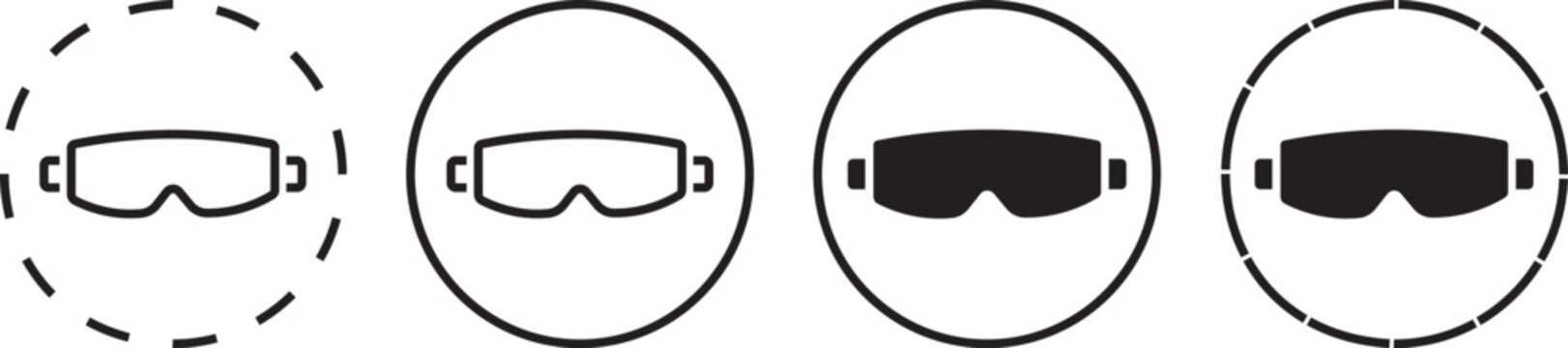Modern safety glasses icons, perfectly structured for laboratory hazard warnings and eye protection security graphics, containing clean flat vector illustration