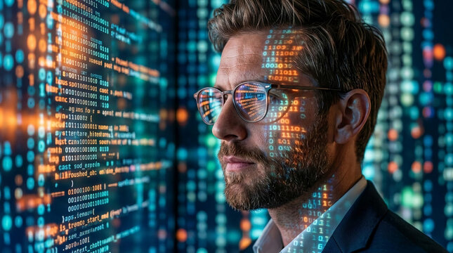Man in glasses with digital code reflecting on his face and clothing, representing technology, data, and modern innovation, perfect for tech concepts.