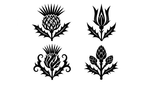 Set of black thistle flower silhouette illustrations