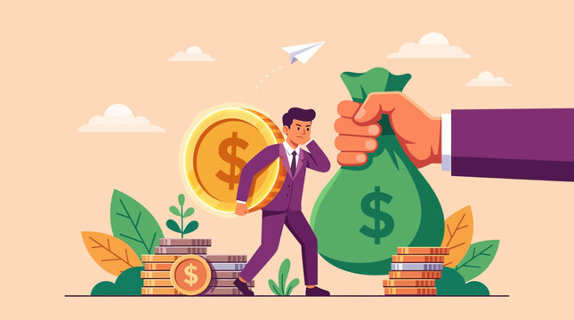 Financial Burden and Wealth Loss Concept featuring a businessman carrying a heavy gold coin while a giant hand seizes a money bag, ideal for financial blogs and tax advisory services.