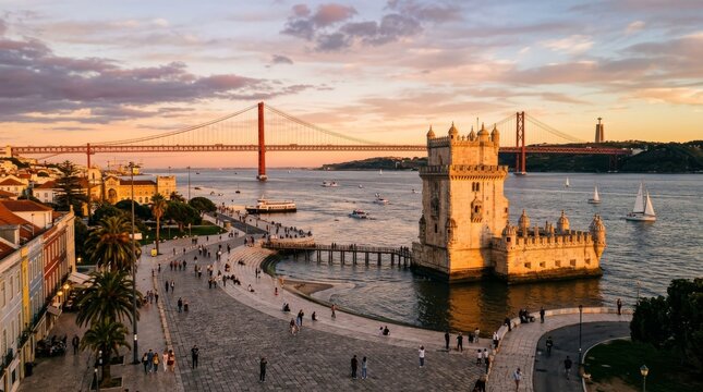 Lisbon Belem Tower and 25 de Abril Bridge at Sunset