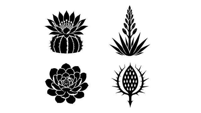 Black succulent and cactus silhouette set on white background