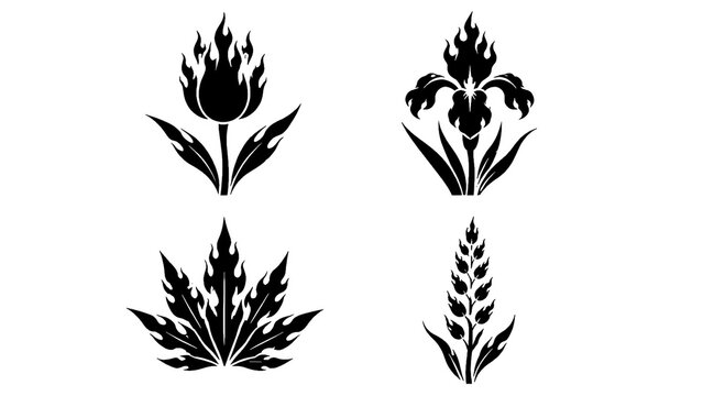 Black floral silhouette set with flame shaped decorative plants