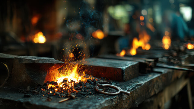 A closeup view of a glowing hot piece of metal on an anvil in a forge