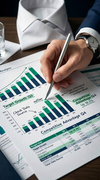 Close-up of a person's hand holding a pen over financial charts, symbolizing analysis and strategy for business growth, showcasing planning and decision-making.