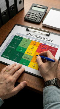 Risk assessment matrix analysis with a hand circling a high risk score, representing evaluation and decision-making