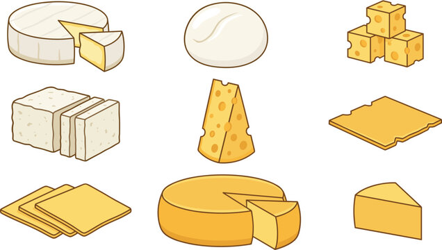 Cheese vector icon collection set featuring diverse cartoon dairy products including brie swiss mozzarella feta cubes and sliced cheddar isolated on white background