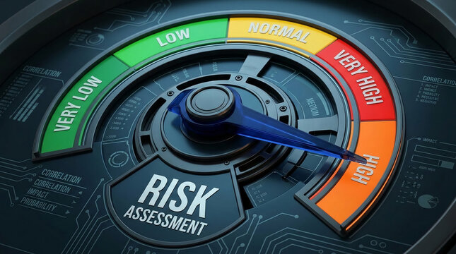 Risk assessment meter showing levels from very low to very high, symbolizing critical analysis and decision-making in business.