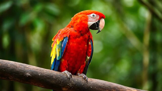 Close-up of a macaw on a branch, a red macaw perched on a branch