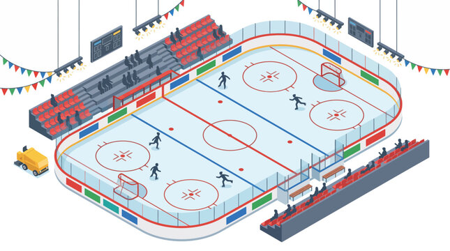 Ice Skating Rink Isometric Vector Illustration &mdash; Indoor Hockey Rink with Skaters, Zamboni, Bleachers, and Rink Markings Flat Design