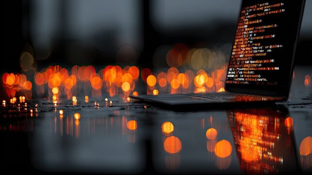 A laptop screen displays code amidst a bokeh of warm orange and cool gray lights
