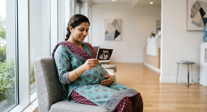 Joyful Expectation: A pregnant woman of Indian ethnicity smiles warmly as she examines an ultrasound image of her unborn baby, anticipation and maternal love radiating from her.