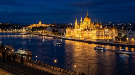 Obraz premium Budapest Parliament Building illuminated at night on the Danube River, Hungary