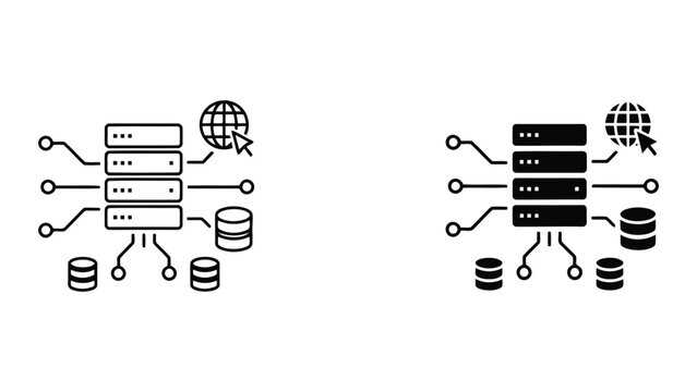 Server cluster and database storage network icon set featuring global internet access and cloud connectivity symbols for data center infrastructure and enterprise information technology architecture