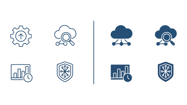 Cloud computing and data management icon set featuring gear search graph and shield security elements in line and solid styles for business analytics and cyber protection digital graphics