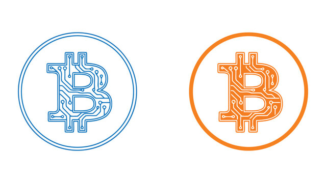 Bitcoin cryptocurrency icon with circuit board pattern in line and solid variations for fintech and digital finance projects isolated on white background for financial technology websites
